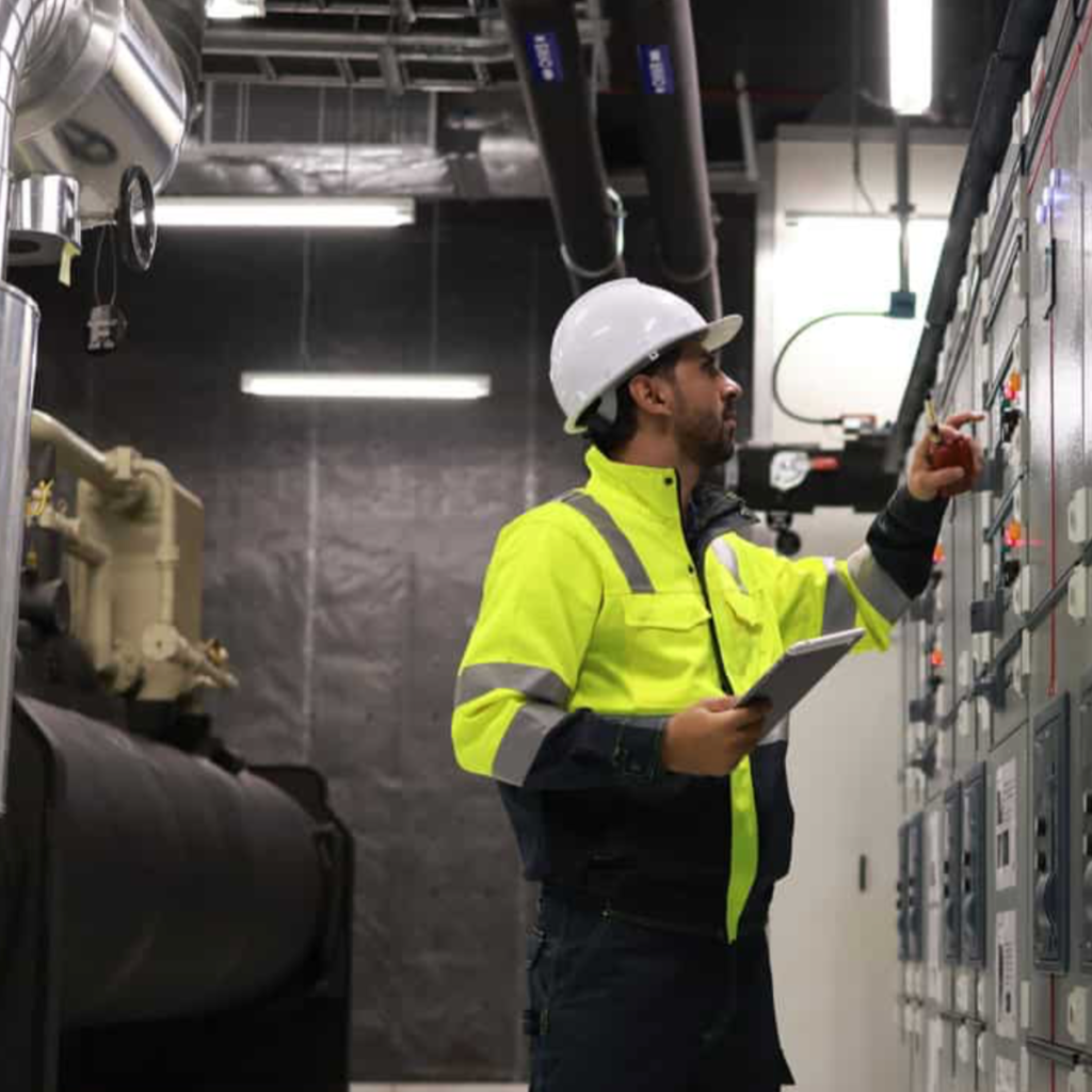 A worker in hi-vis and a hard hat checking readings on an electrical switchboard in a plant room.