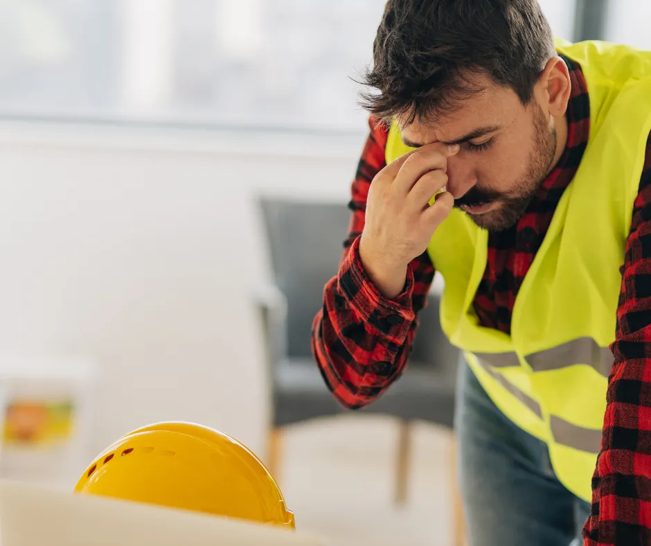 A worker in a hi-vis vest looking stressed with his head in his hand beside a hard hat.